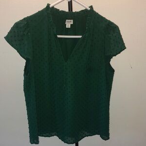 J. Crew Forest Green Swiss Dot Flutter Sleeve V-Neck Blouse